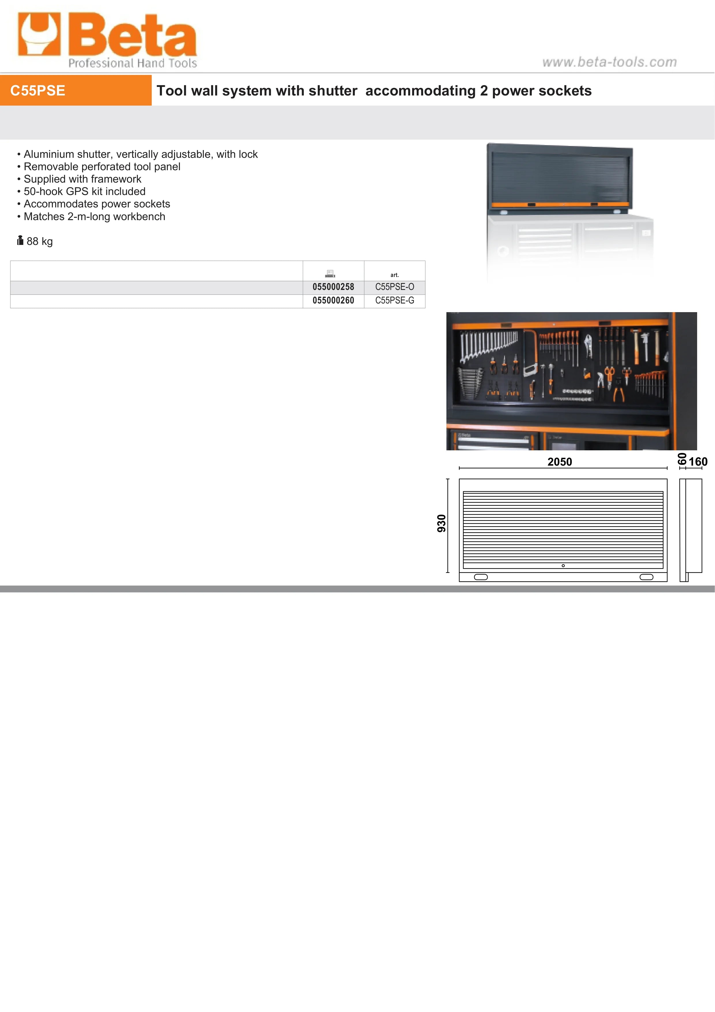 TOOL WALL SYSTEM 2M WORKBENCH BETA C55PSE-G LOCKABLE SHUTTER PERFORATED PANEL 50-HOOK KIT