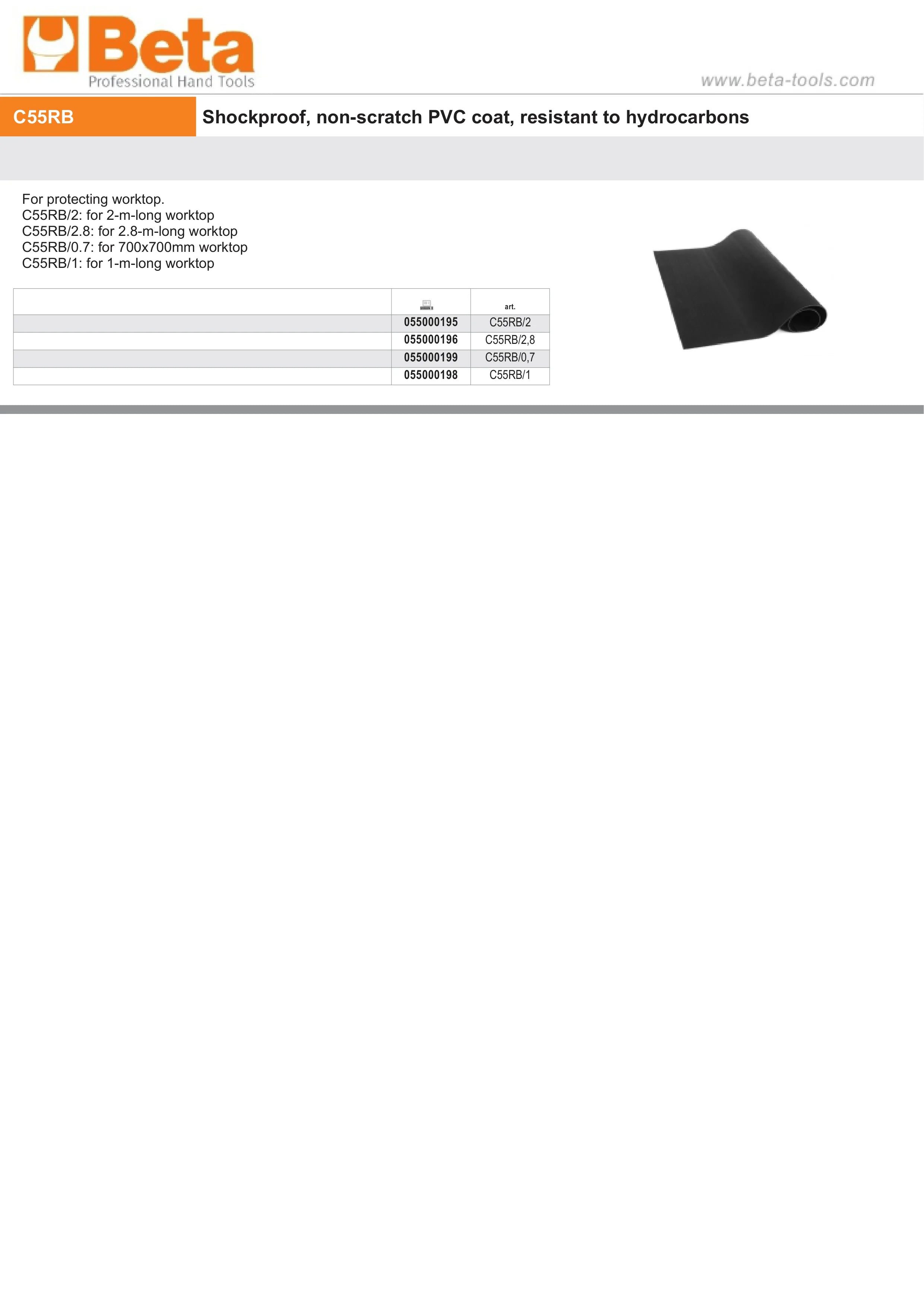 Shockproof Non-Scratch PVC Coating for Worktops, Fits 1m, 2m, 2.8m, 700x700mm - BetaRSC55 C55RB/1