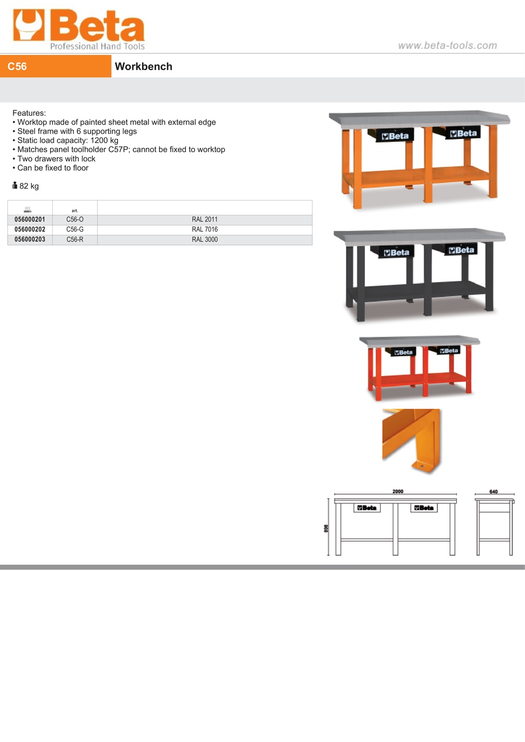 Workbench with Painted Sheet Metal Worktop, 1200kg Capacity, Lockable Drawers - Beta Tools C56-G