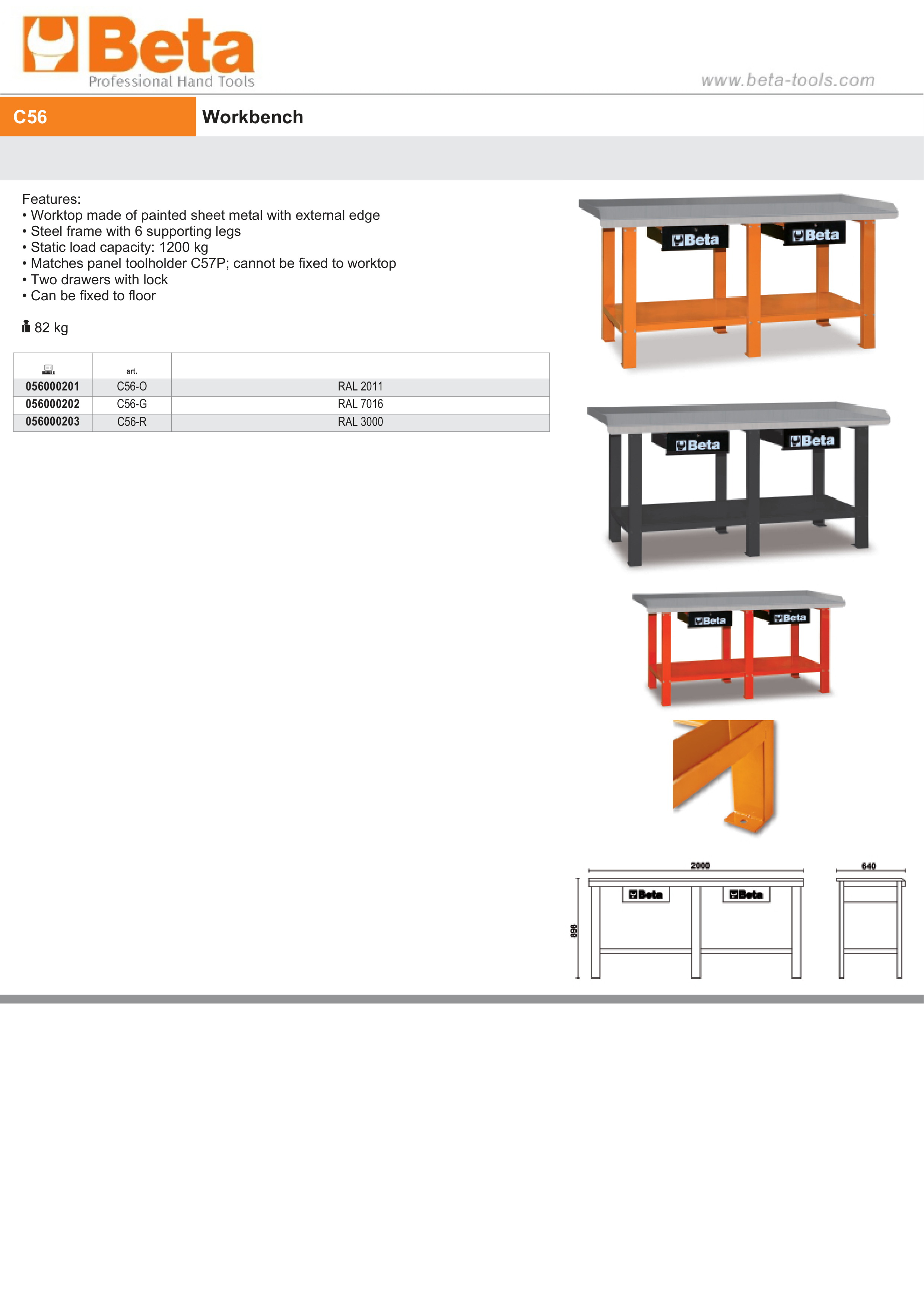 Workbench with Painted Sheet Metal Worktop, 1200kg Capacity, Lockable Drawers - Beta Tools C56-G