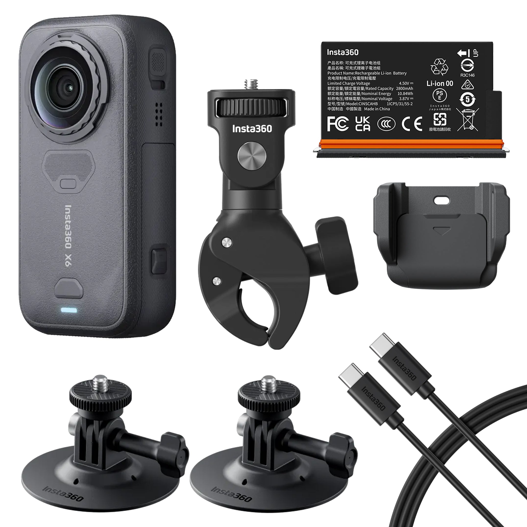 INSTA360 X6 8K 360° ACTION CAMERA MOTORCYCLE BUNDLE WITH CLAMP SELFIE STICK & XTREME BATTERY - CINSABXA