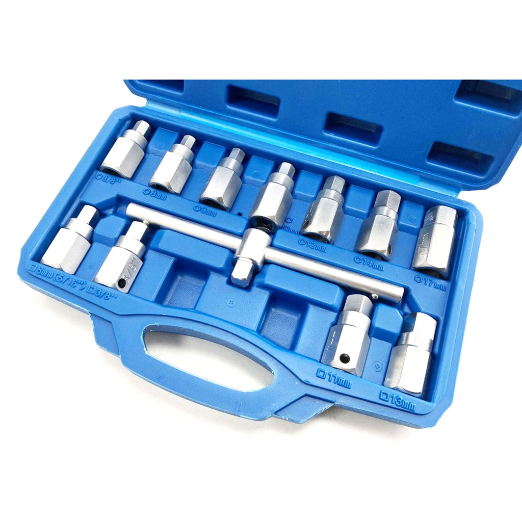 DRAIN PLUG KEY SET 12pc HEX AND SQUARE BITS - TOOLZONE KDPAU401