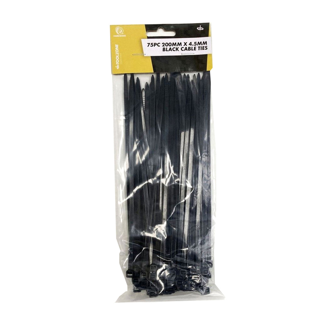 CABLE ZIP TIES 75PC 200mm x 4.5mm BLACK NYLON 40 - TOOLZONE KDPEL133