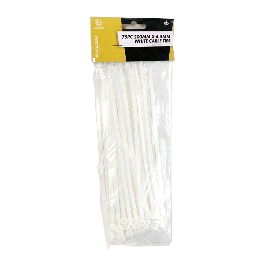 CABLE ZIP TIES 75PC 200mm x 4.5mm WHITE NYLON 40 - TOOLZONE KDPEL134