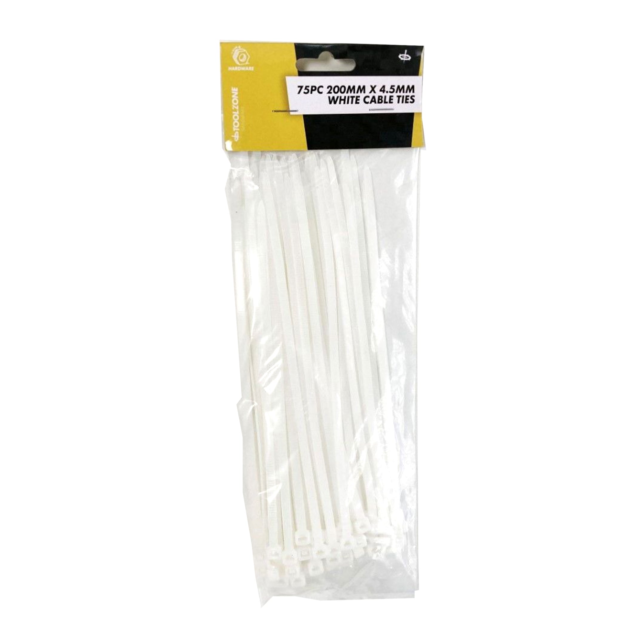 CABLE ZIP TIES 75PC 200mm x 4.5mm WHITE NYLON 40 - TOOLZONE KDPEL134