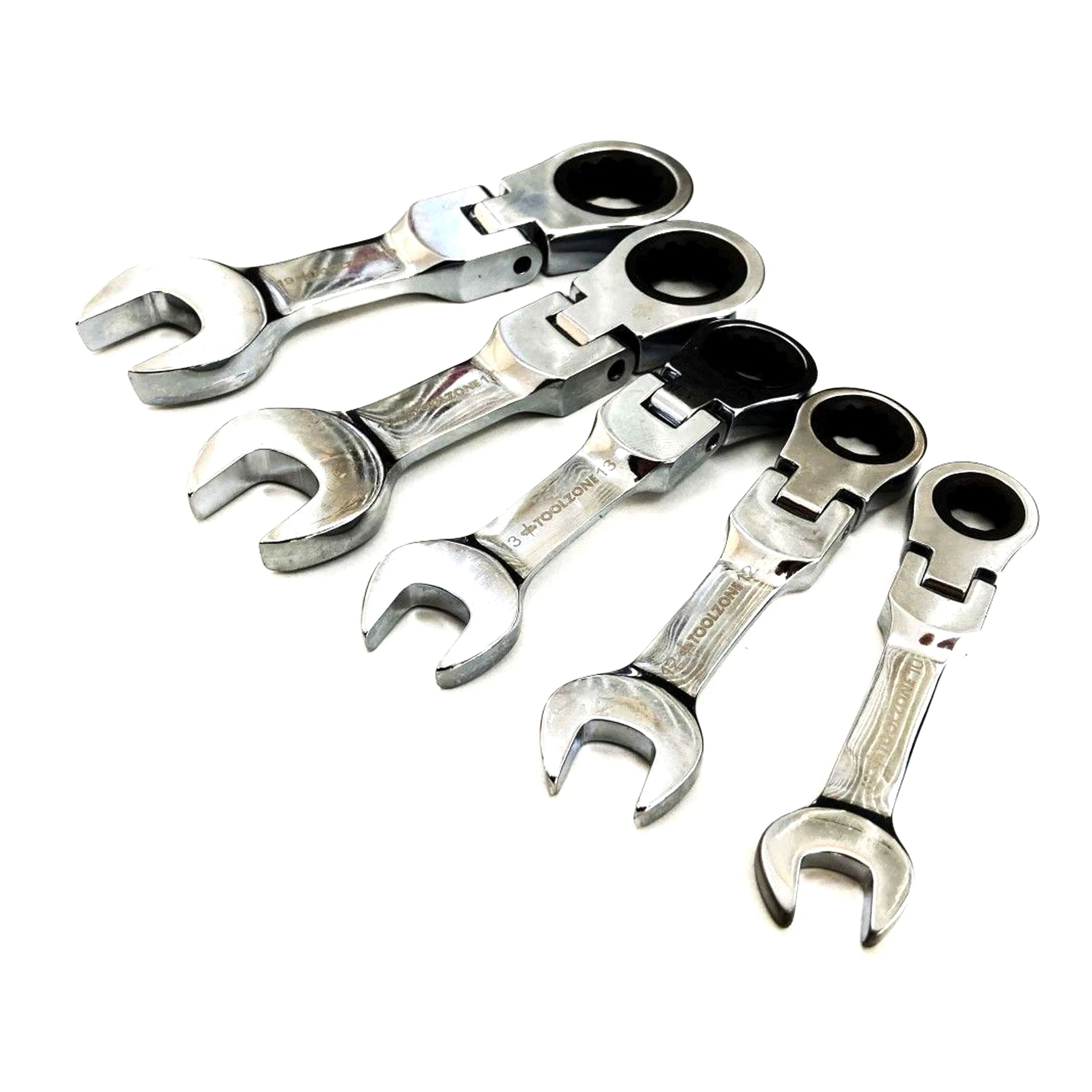 FLEXI STUBBY RATCHET SPANNER SET 5pc 10-19mm CHROME VANADIUM - TOOLZONE KDPSP164