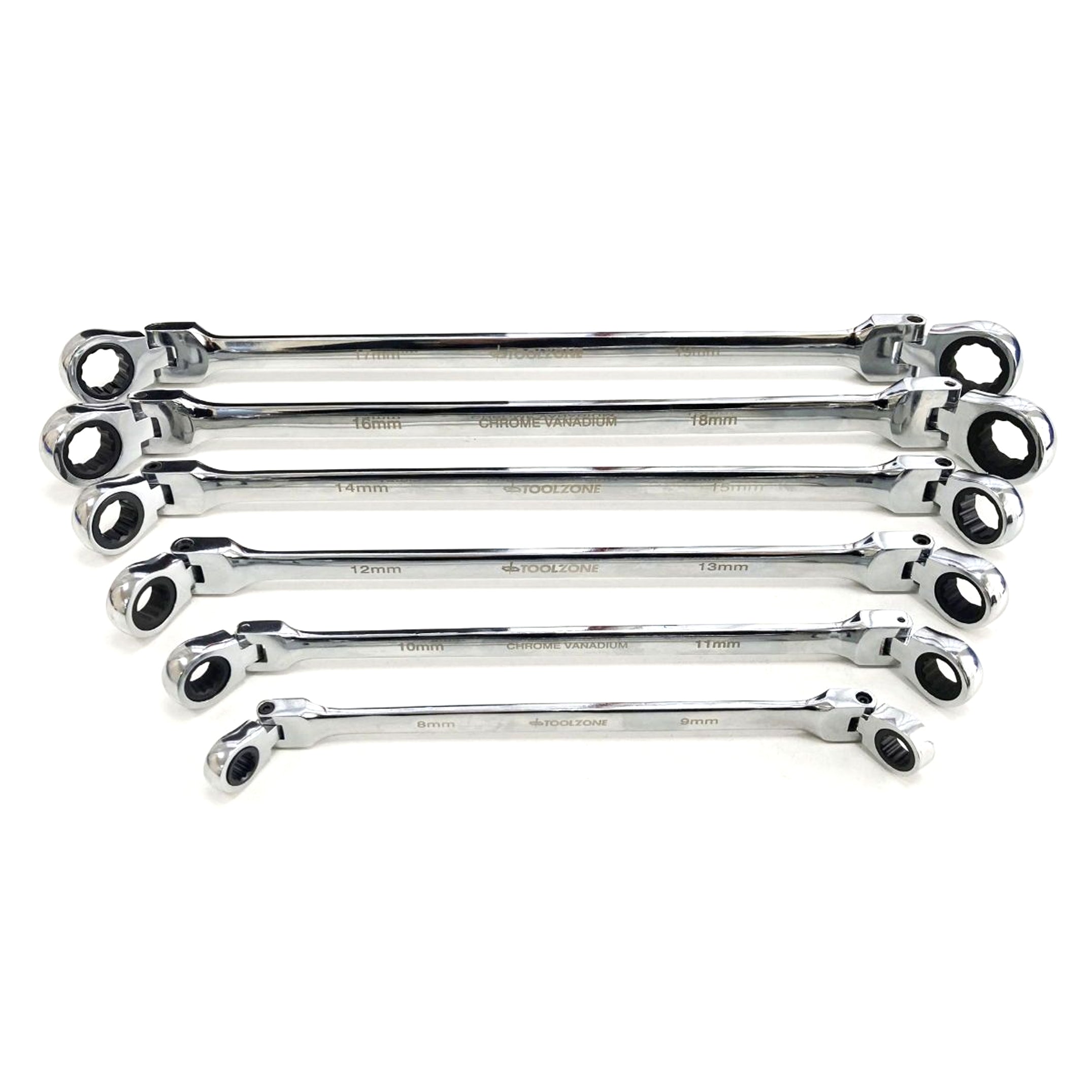 FLEXI RATCHET SPANNER SET 10pc 8-19mm DROP FORGED MIRROR POLISH - TOOLZONE KDPSP198