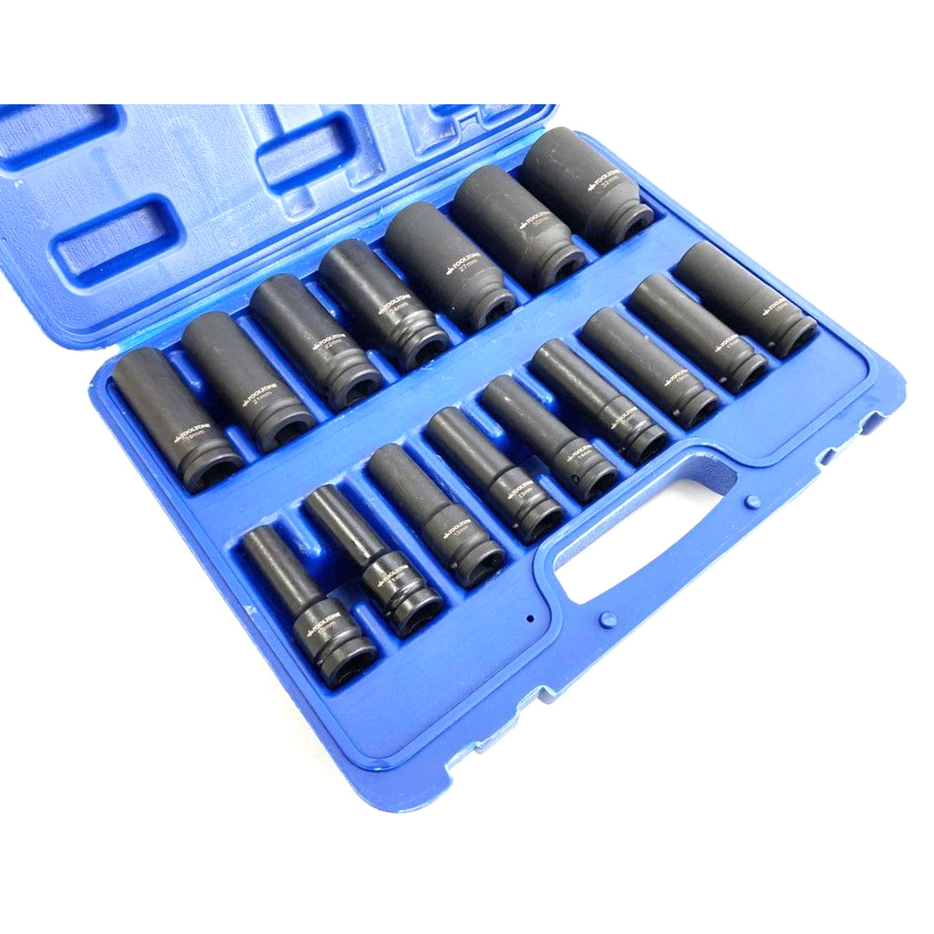 IMPACT SOCKET SET DEEP 1/2 DRIVE 16 PIECES 10mm-32mm CRV BLACK PHOSPHATE - TOOLZONE KDPSS244