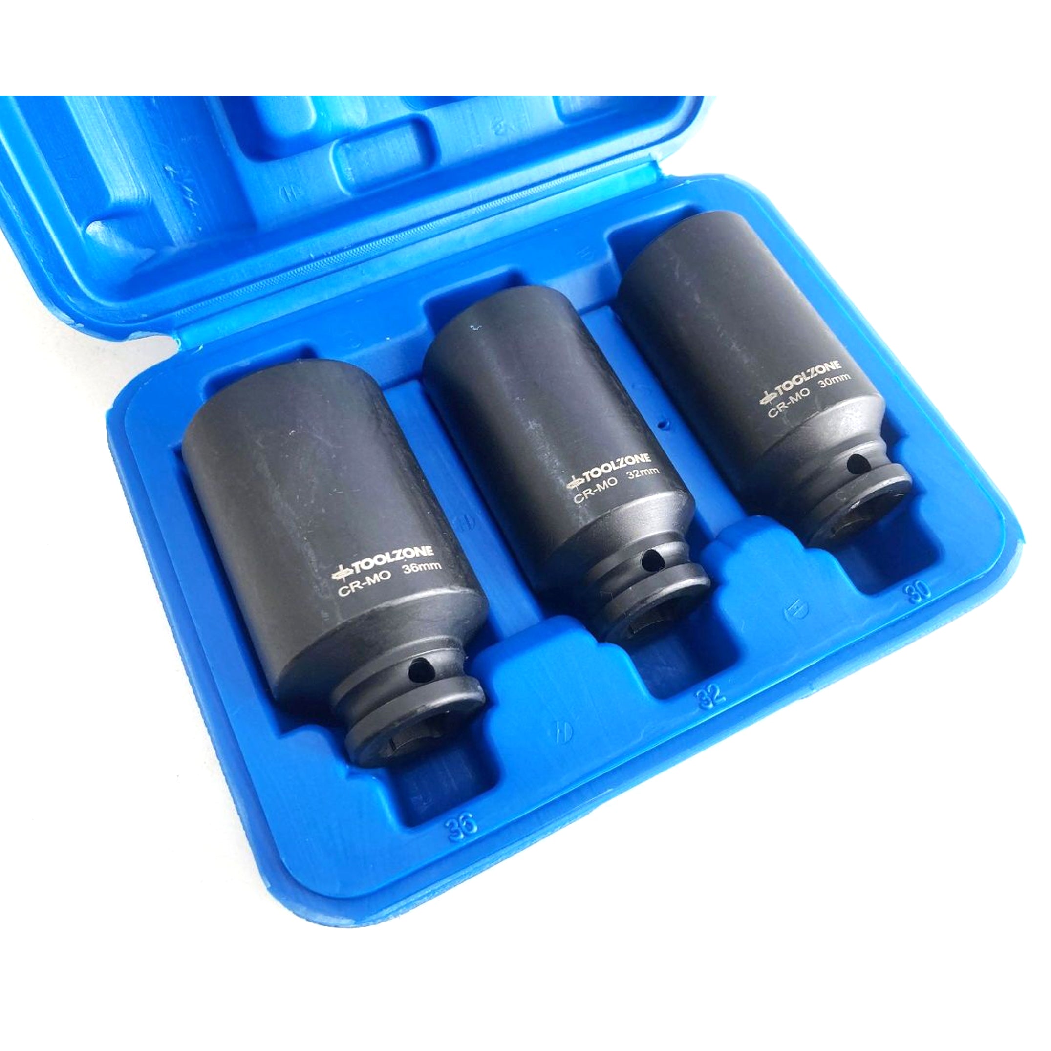 IMPACT SOCKET SET 3 PIECES 1/2 DRIVE 30mm 32mm 36mm THIN WALL BLACK FINISH - TOOLZONE KDPSS248