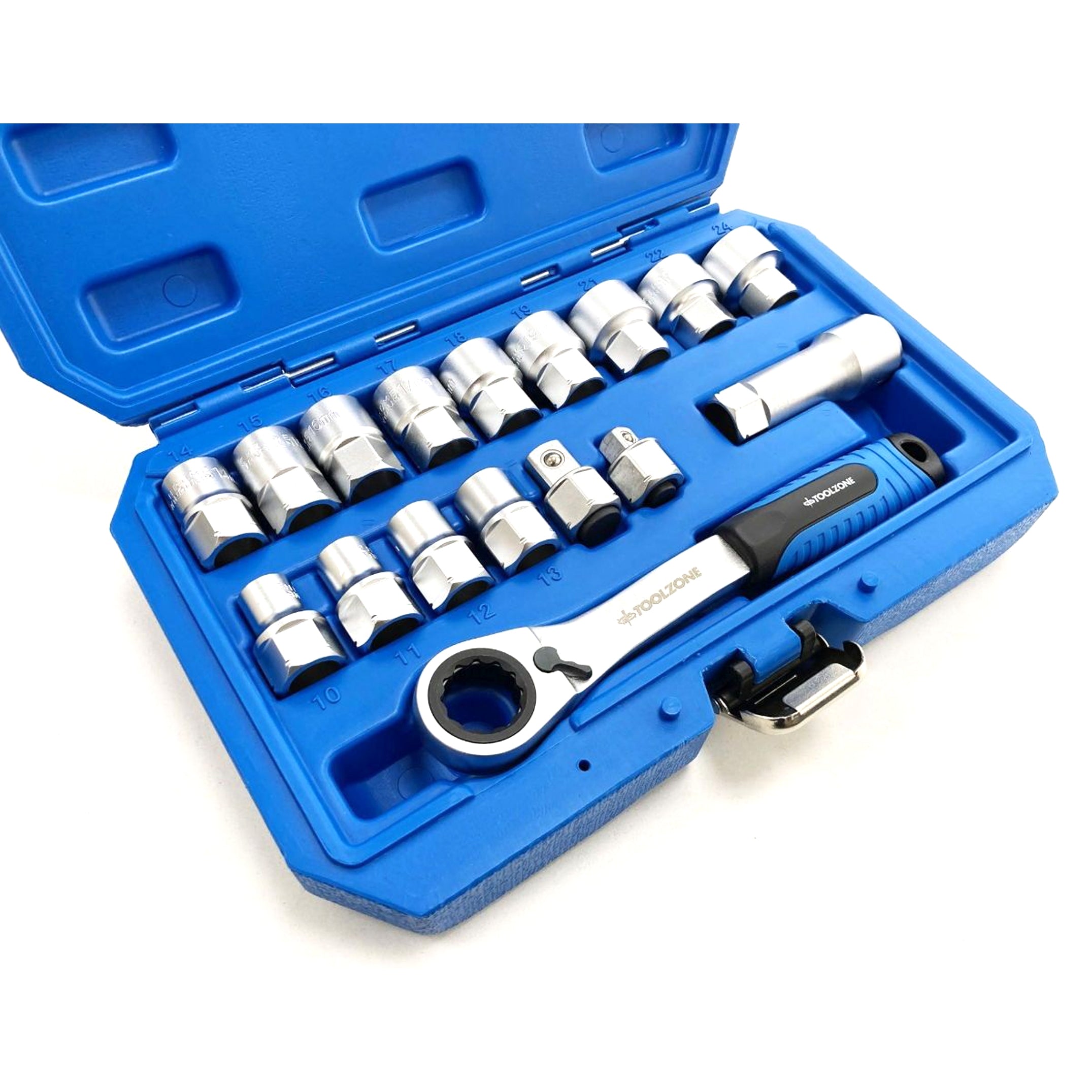GO THROUGH SOCKET SET 17 PIECES 3/8 AND 1/2 DRIVE 10mm-24mm IN CASE - TOOLZONE KDPSS262