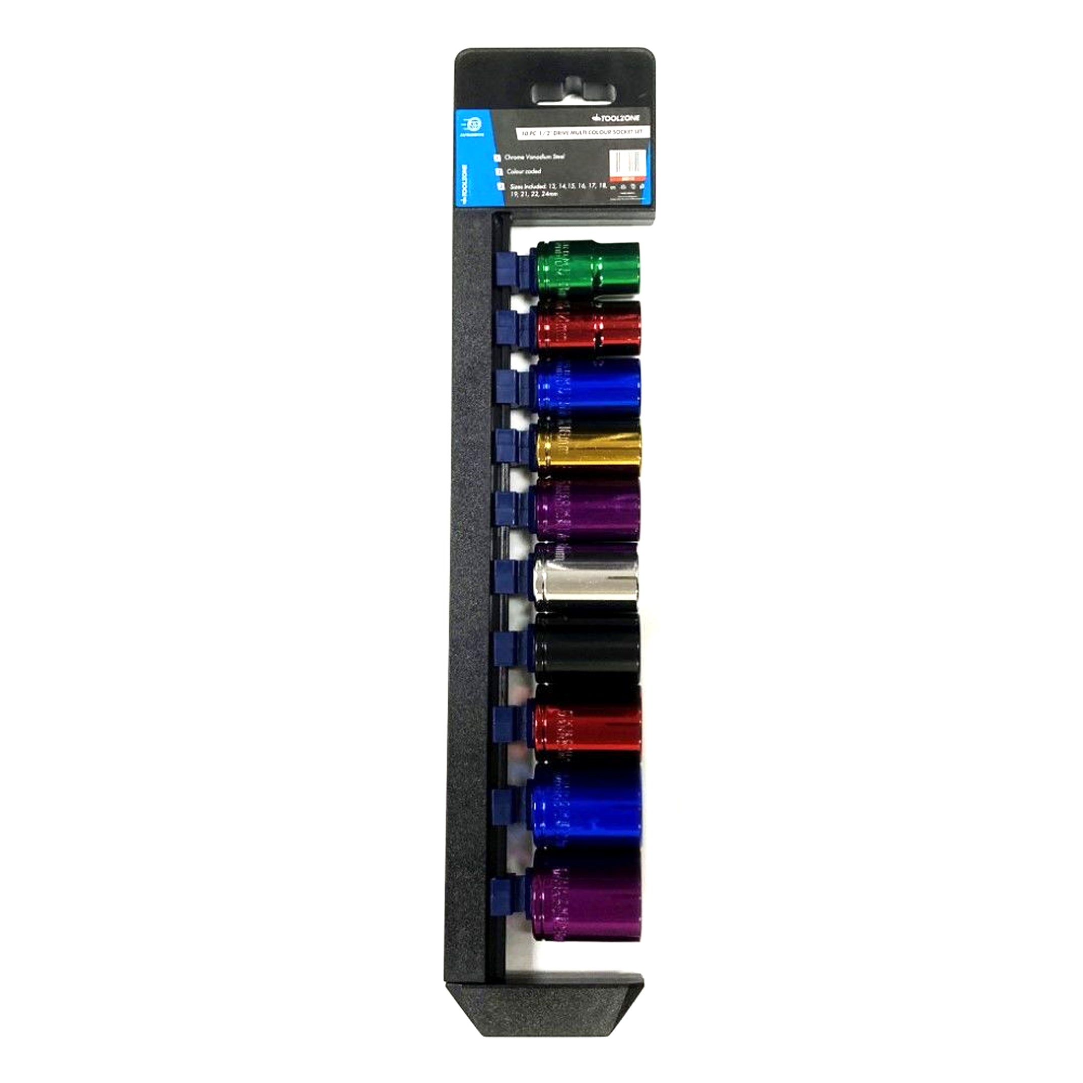 SOCKET SET 10 PIECES 1/2 DRIVE MM CRV COLOUR CODED 13mm-24mm - TOOLZONE KDPSS313