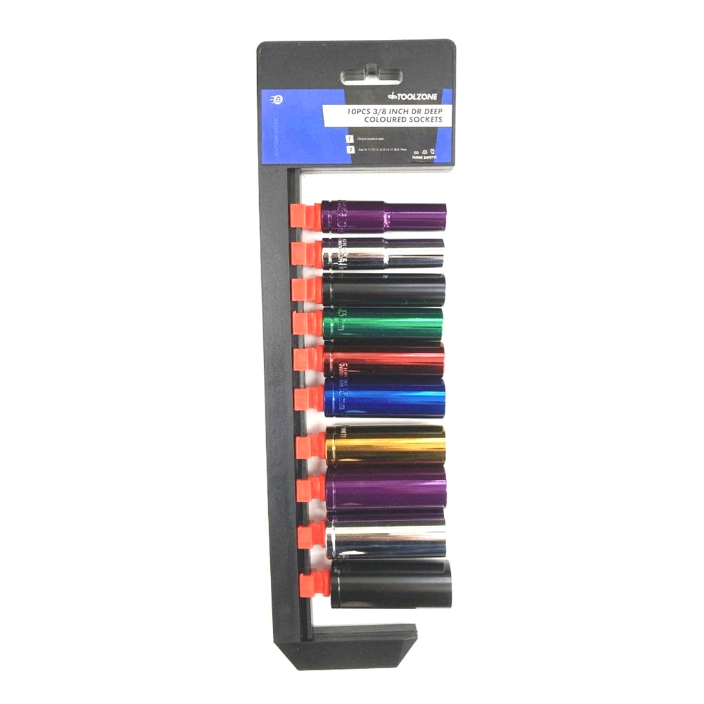 DEEP SOCKET SET 10 PIECES 3/8 DRIVE MM CRV COLOUR CODED 10mm-19mm - TOOLZONE KDPSS315