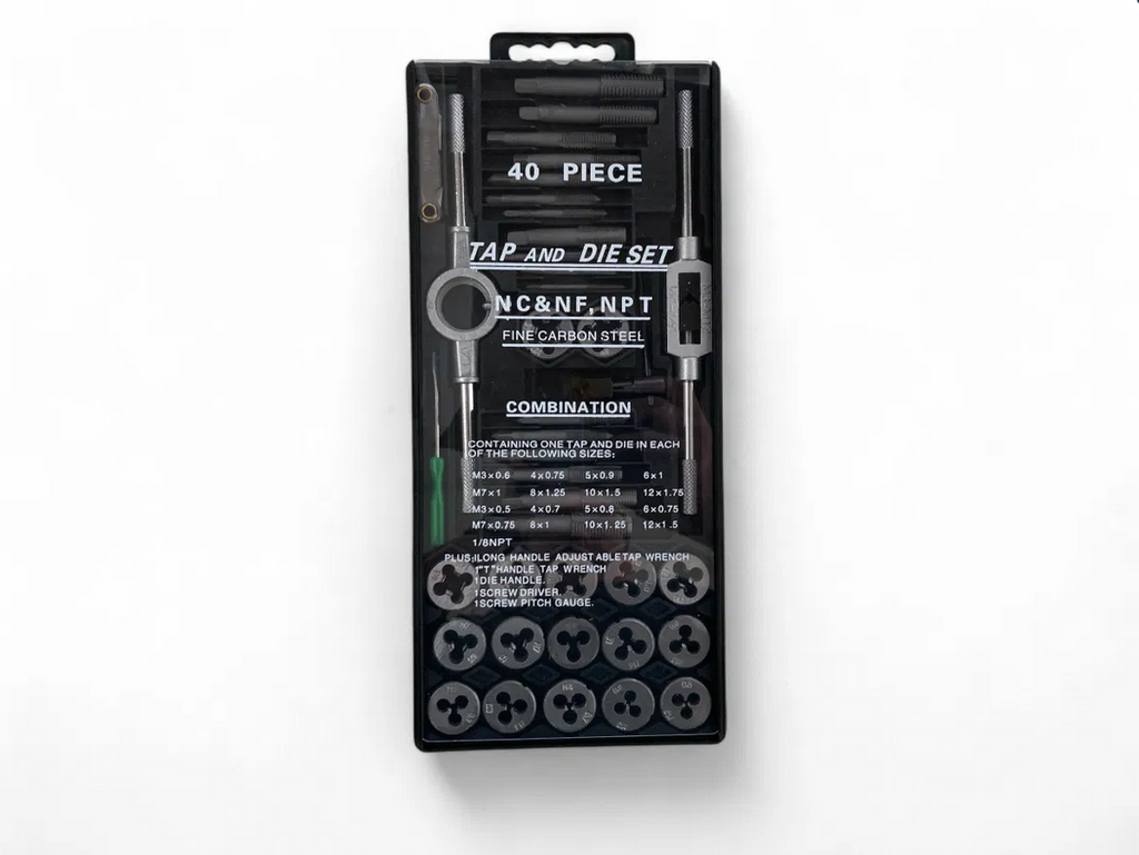 TAP AND DIE SET 40 PIECE CARBON STEEL METRIC M3-M12 AND SAE 4-40 TO 1/2-20 - TOOLZONE KDPTP102