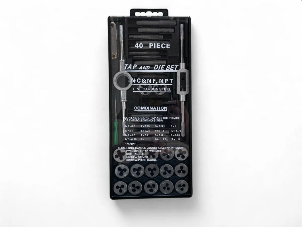 TAP AND DIE SET 40 PIECE CARBON STEEL METRIC M3-M12 AND SAE 4-40 TO 1/2-20 - TOOLZONE KDPTP102