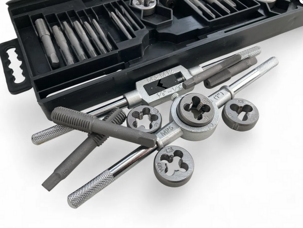 TAP AND DIE SET 40 PIECE CARBON STEEL METRIC M3-M12 AND SAE 4-40 TO 1/2-20 - TOOLZONE KDPTP102