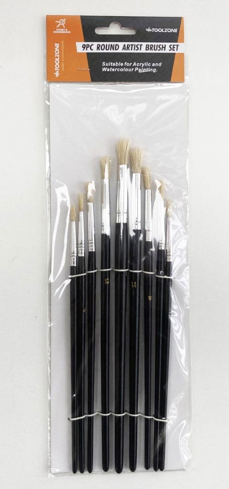 TOUCH UP PAINT BRUSH ARTIST BRUSHES 9PC ROUND SIZES 0-16 WOOD HANDLE - TOOLZONE KDPBR014