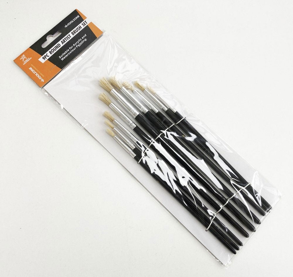 TOUCH UP PAINT BRUSH ARTIST BRUSHES 9PC ROUND SIZES 0-16 WOOD HANDLE - TOOLZONE KDPBR014