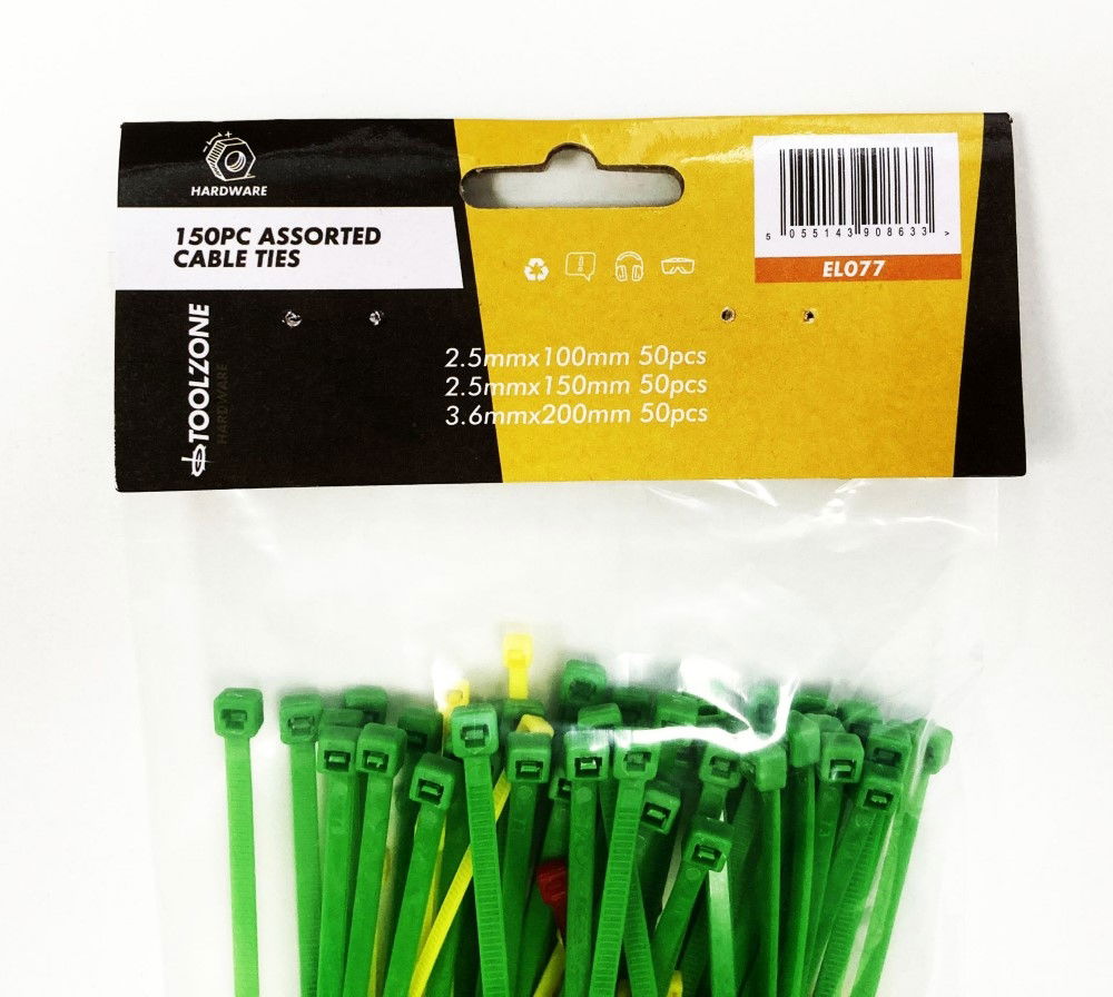 CABLE ZIP TIES ASSORTED 150PC 2.5mm x 100mm 2.5mm x 150mm 3.6mm x 200mm - TOOLZONE KDPEL077