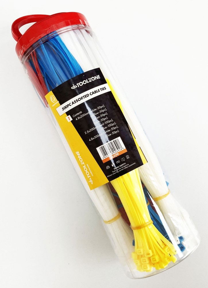 CABLE ZIP TIES MIXED LARGE 500PC 5 COLOURS 2.5x180mm 4.8x190mm 4.8x300mm - TOOLZONE KDPEL079