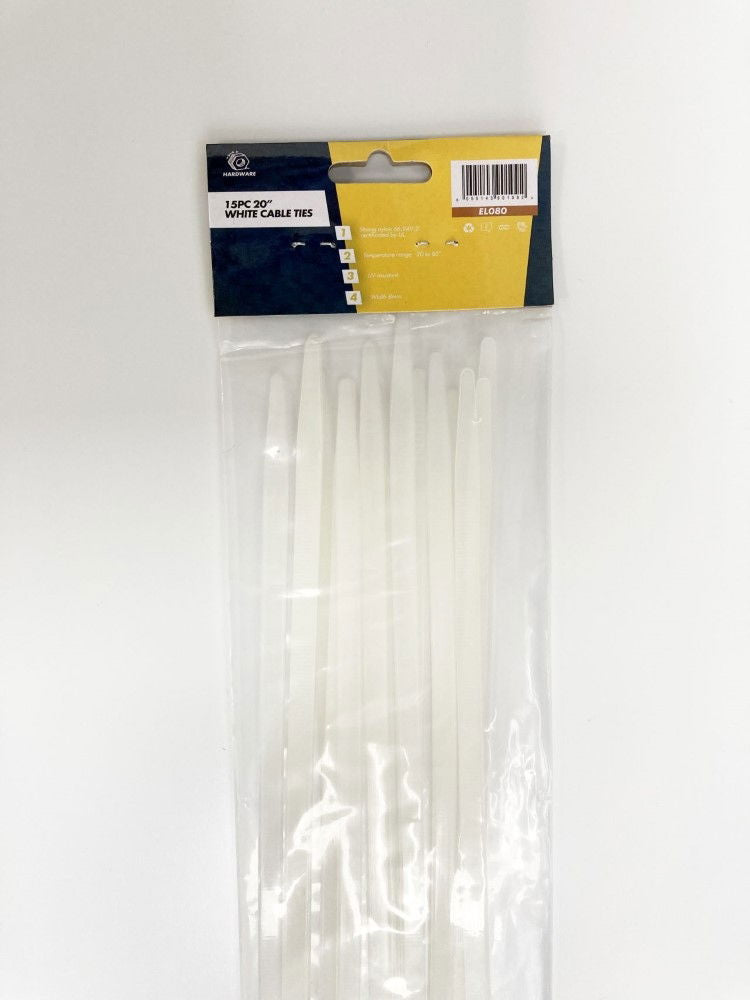 CABLE ZIP TIES 15PC 20 WHITE 7mm WIDE NYLON 66 - TOOLZONE KDPEL080