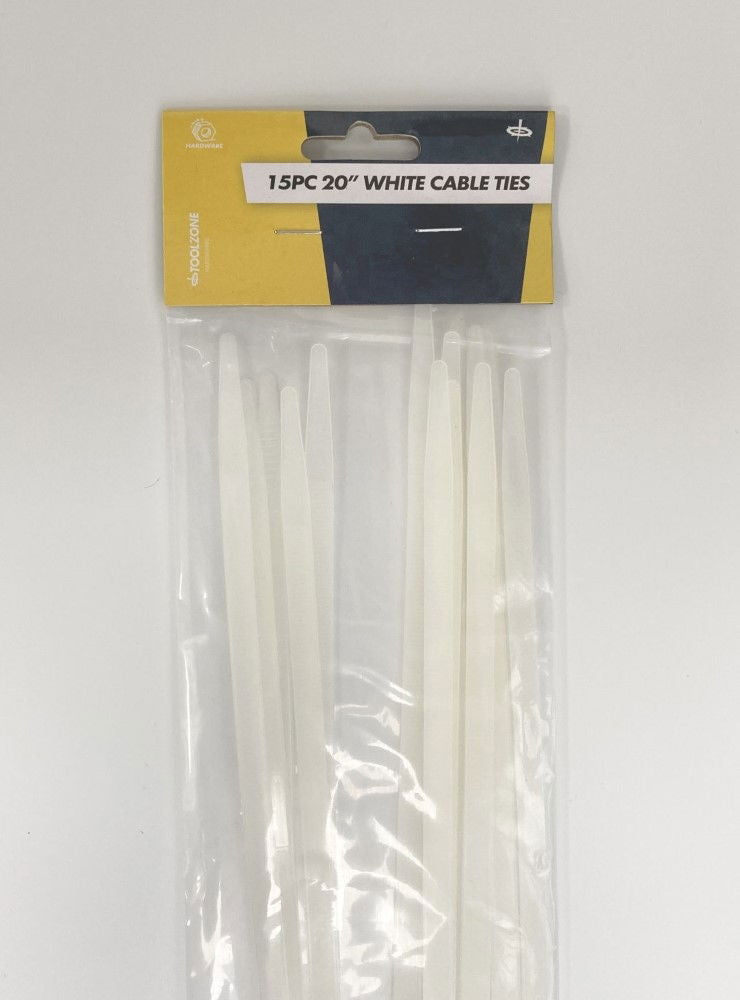 CABLE ZIP TIES 15PC 20 WHITE 7mm WIDE NYLON 66 - TOOLZONE KDPEL080