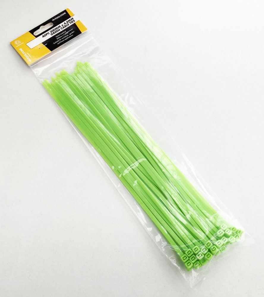 CABLE ZIP TIES 40PC 12 GREEN 4.8mm WIDE NYLON 40 - TOOLZONE KDPEL124