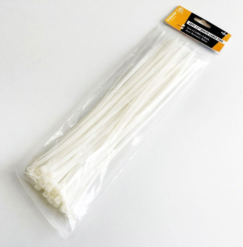 CABLE ZIP TIES 40PC 12 WHITE 4.8mm WIDE NYLON 40 - TOOLZONE KDPEL126