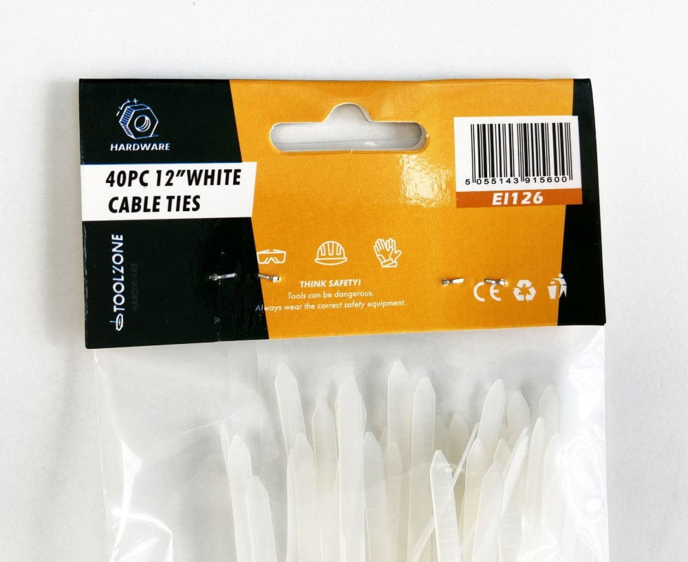 CABLE ZIP TIES 40PC 12 WHITE 4.8mm WIDE NYLON 40 - TOOLZONE KDPEL126