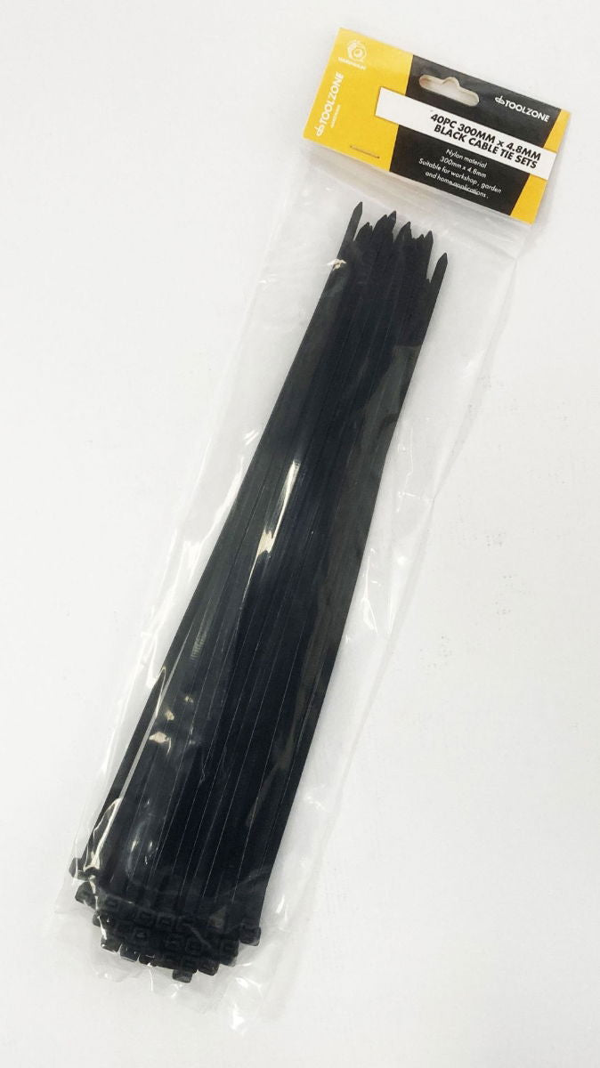 CABLE ZIP TIES 40PC 12 BLACK 4.8mm WIDE NYLON 40 - TOOLZONE KDPEL128
