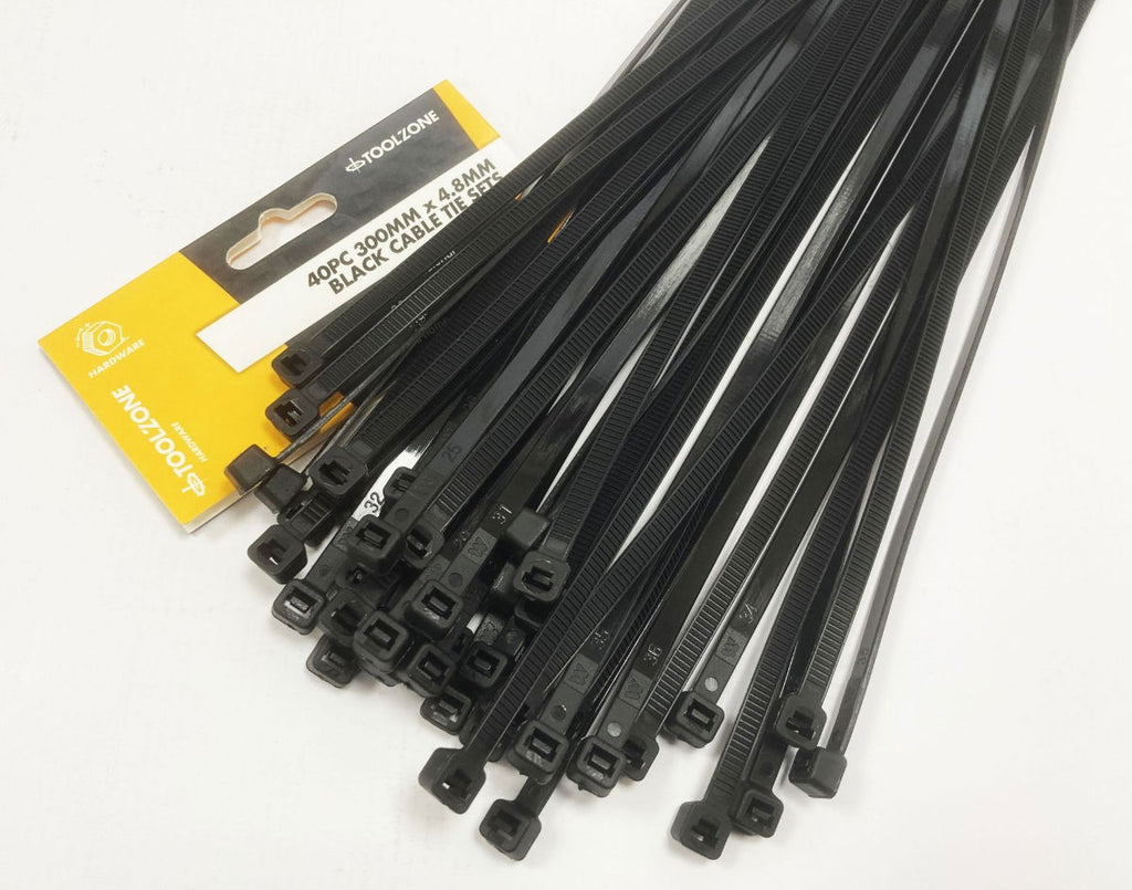 CABLE ZIP TIES 40PC 12 BLACK 4.8mm WIDE NYLON 40 - TOOLZONE KDPEL128