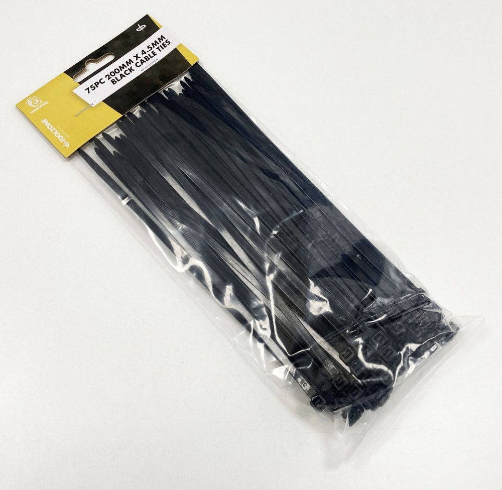 CABLE ZIP TIES 75PC 200mm x 4.5mm BLACK NYLON 40 - TOOLZONE KDPEL133