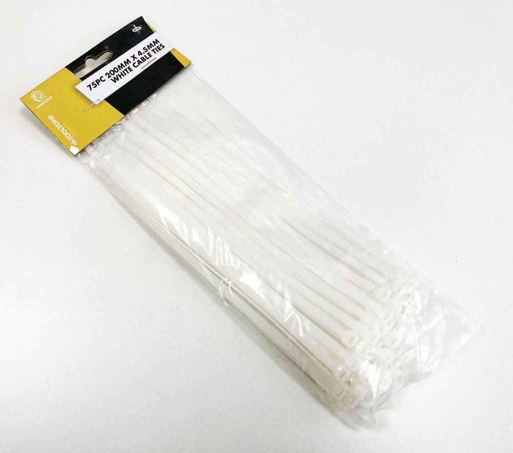 CABLE ZIP TIES 75PC 200mm x 4.5mm WHITE NYLON 40 - TOOLZONE KDPEL134