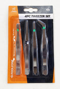 TWEEZER SET 4pc 4.5 FLAT ENDED POINTED ANGLED - TOOLZONE KDPHB324