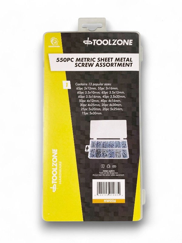 SHEET METAL SCREWS ASSORTMENT 550pc ZINC PLATED PHILLIPS HEAD VARIOUS SIZES - TOOLZONE KDPHW026