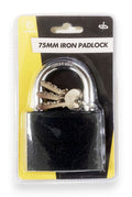 PADLOCK IRON 75mm HARDENED SHACKLE BRASS CORE WITH 3 KEYS - TOOLZONE KDPLK112