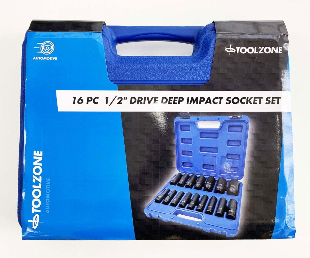 IMPACT SOCKET SET DEEP 1/2 DRIVE 16 PIECES 10mm-32mm CRV BLACK PHOSPHATE - TOOLZONE KDPSS244