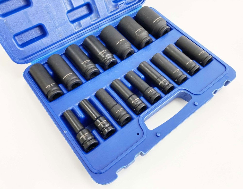 IMPACT SOCKET SET DEEP 1/2 DRIVE 16 PIECES 10mm-32mm CRV BLACK PHOSPHATE - TOOLZONE KDPSS244