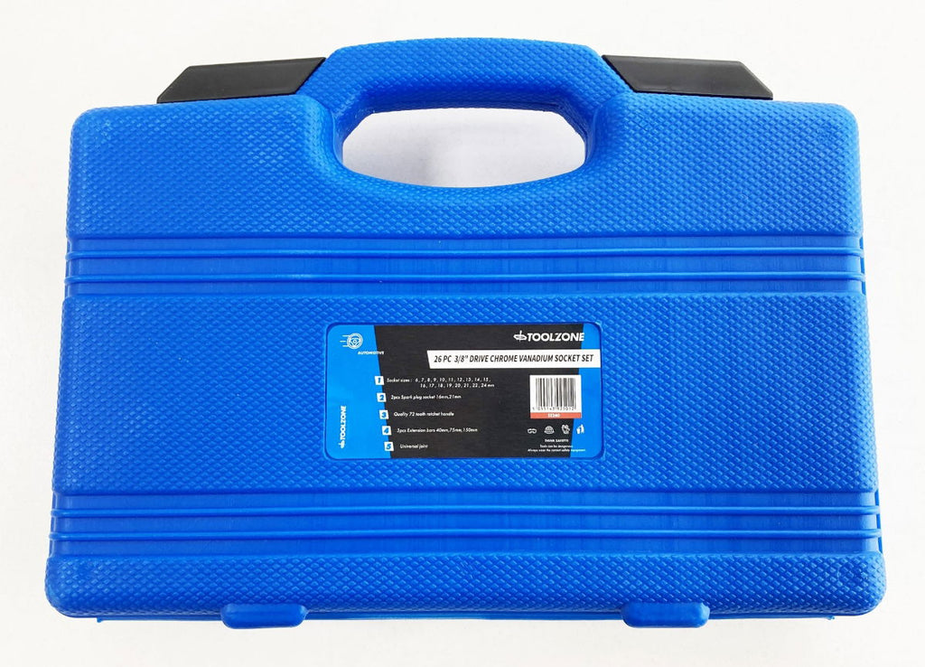 SOCKET SET 26 PIECES 3/8 DRIVE 6mm-24mm MIRROR POLISH CRV IN CASE - TOOLZONE KDPSS260