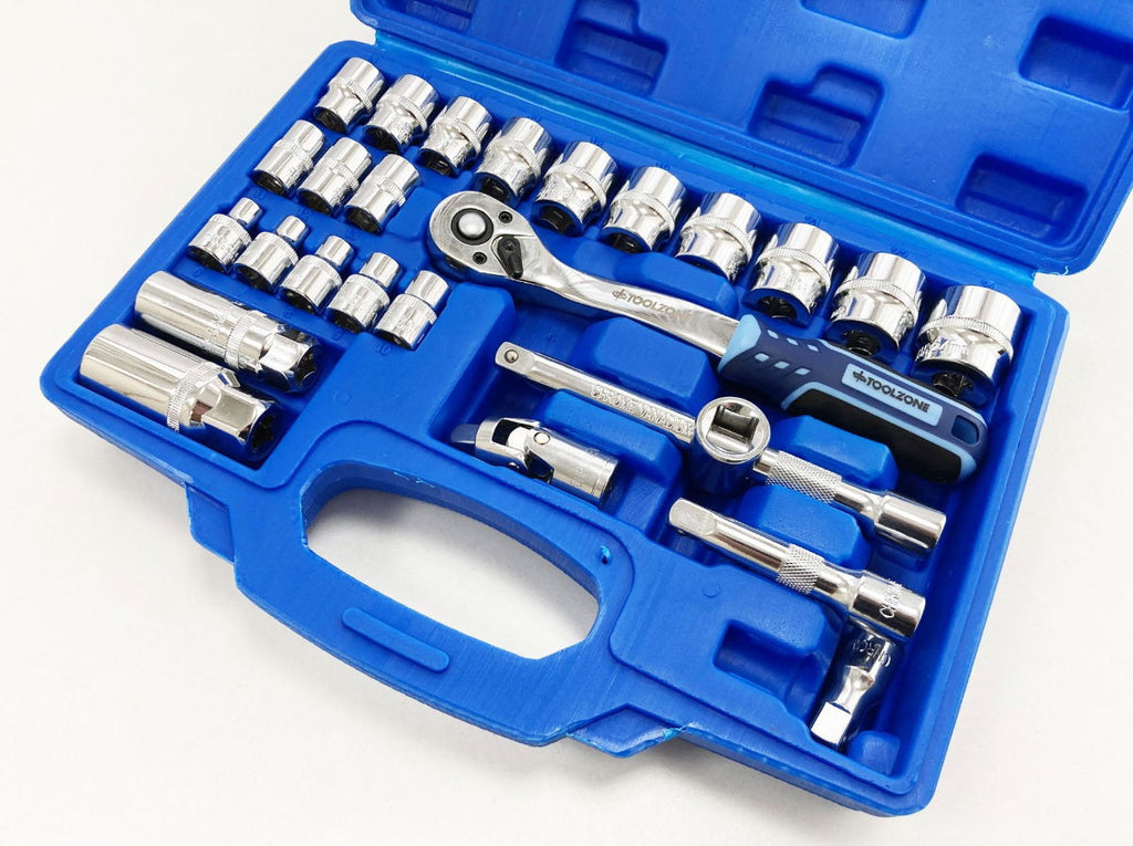 SOCKET SET 26 PIECES 3/8 DRIVE 6mm-24mm MIRROR POLISH CRV IN CASE - TOOLZONE KDPSS260