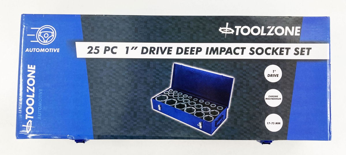 DEEP IMPACT SOCKET SET 25 PIECES 1 DRIVE 17mm-75mm CHROME MOLYBDENUM - TOOLZONE KDPSS263
