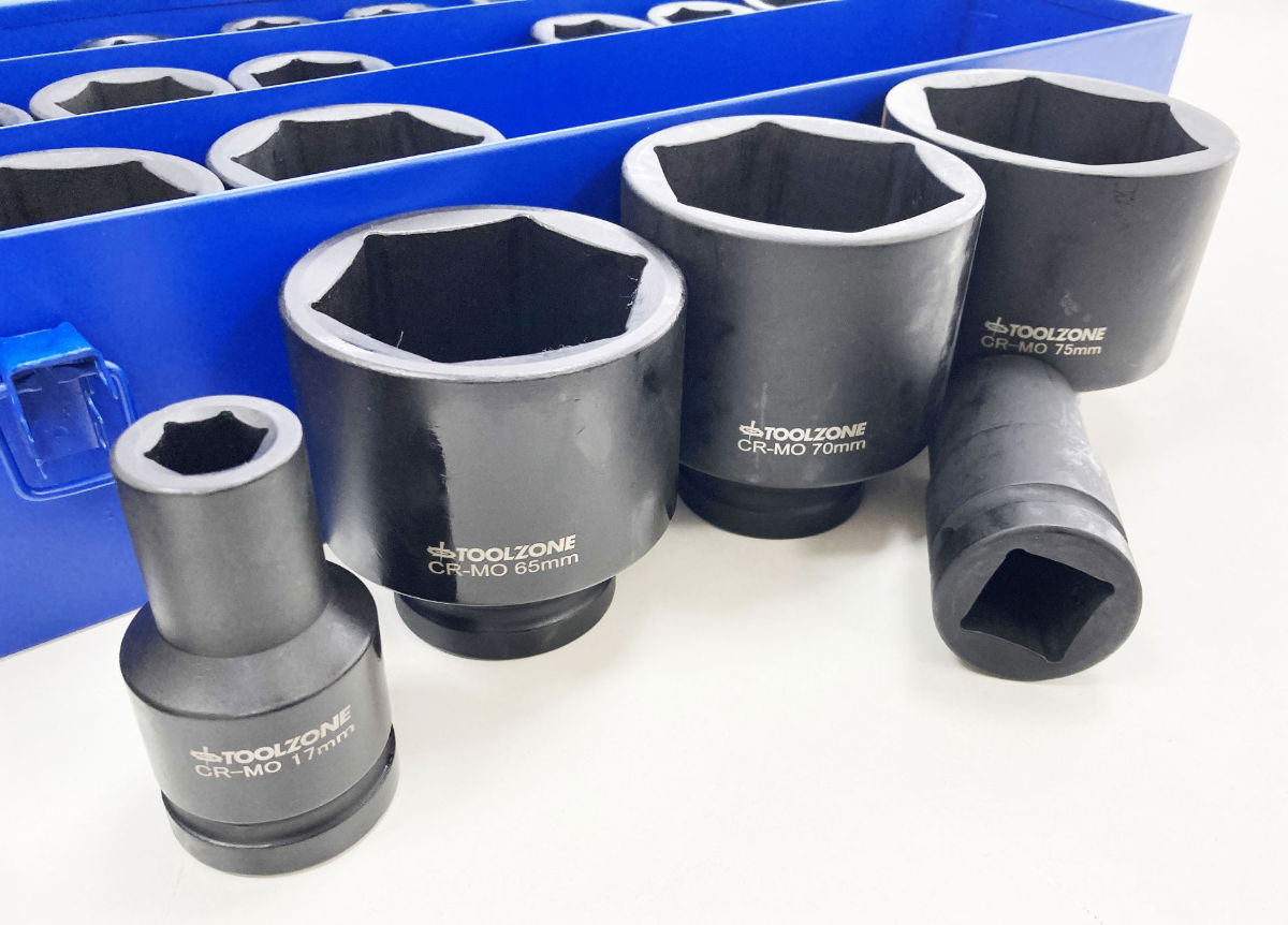 DEEP IMPACT SOCKET SET 25 PIECES 1 DRIVE 17mm-75mm CHROME MOLYBDENUM - TOOLZONE KDPSS263