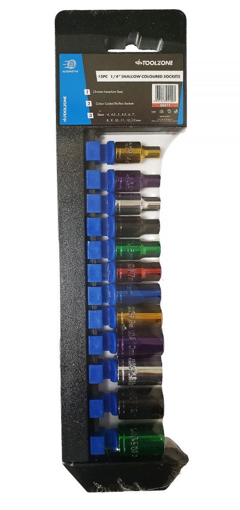 SOCKET SET 12 PIECES 1/4 DRIVE MM CRV COLOUR CODED 4mm-13mm - TOOLZONE KDPSS311