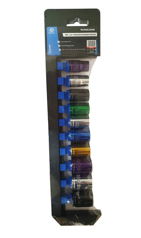 SOCKET SET 10 PIECES 3/8 DRIVE MM CRV COLOUR CODED 10mm-19mm - TOOLZONE KDPSS312