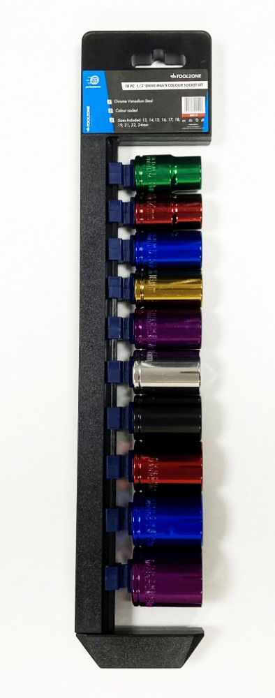 SOCKET SET 10 PIECES 1/2 DRIVE MM CRV COLOUR CODED 13mm-24mm - TOOLZONE KDPSS313