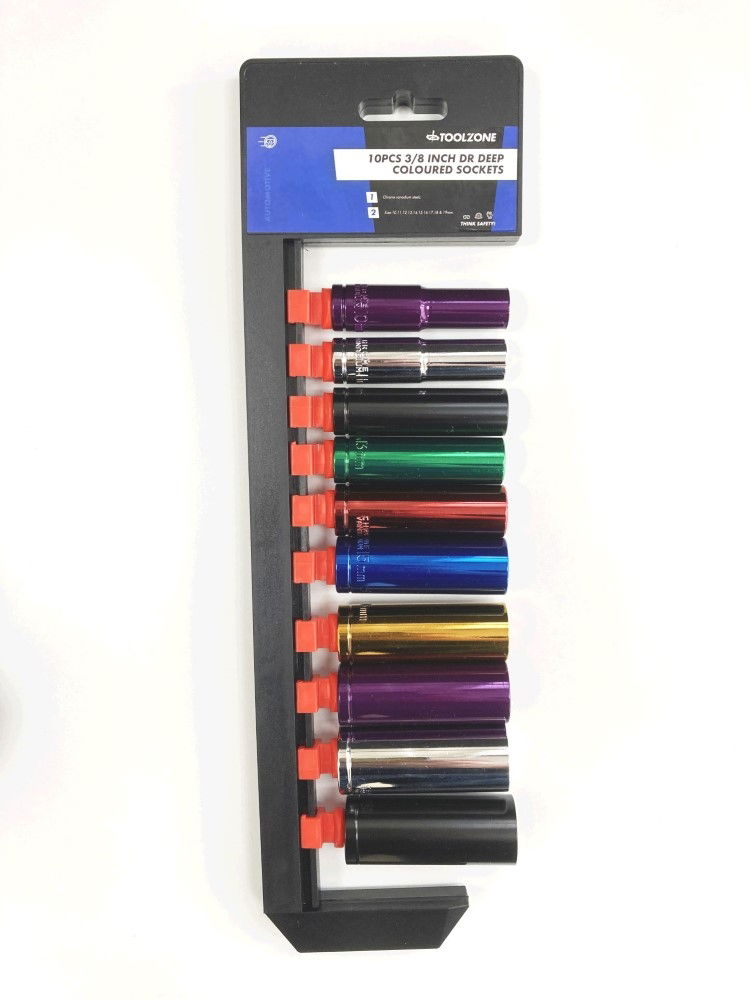 DEEP SOCKET SET 10 PIECES 3/8 DRIVE MM CRV COLOUR CODED 10mm-19mm - TOOLZONE KDPSS315
