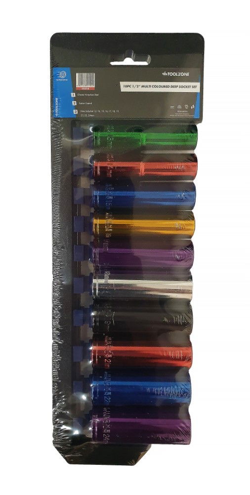 DEEP SOCKET SET 10 PIECES 1/2 DRIVE MM CRV COLOUR CODED 13mm-24mm - TOOLZONE KDPSS316