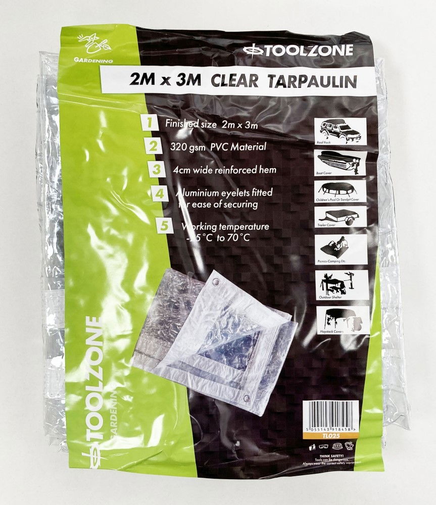 PVC TARPAULIN CLEAR 2m x 3m 320gsm WITH ALUMINIUM GROMMETS - TOOLZONE KDPTL025