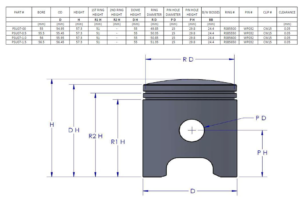 TALL PISTON KIT 72-73 HUSQVARNA CR WR 125 56.5mm 1.5mm OVER VINTCO PSU07-1.5
