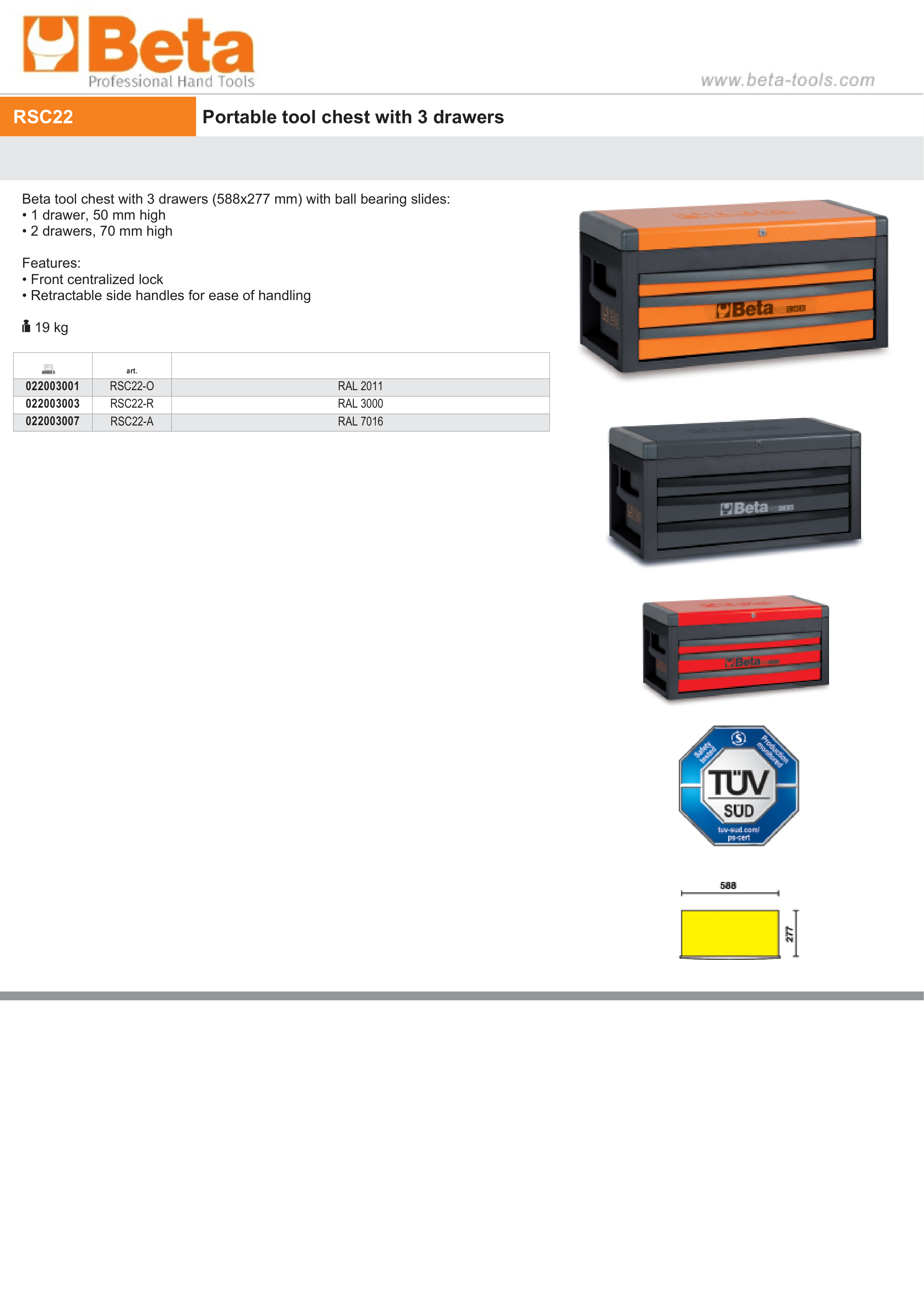 Portable Tool Chest with 3 Drawers and Ball Bearing Slides - Beta Tools RSC22-A
