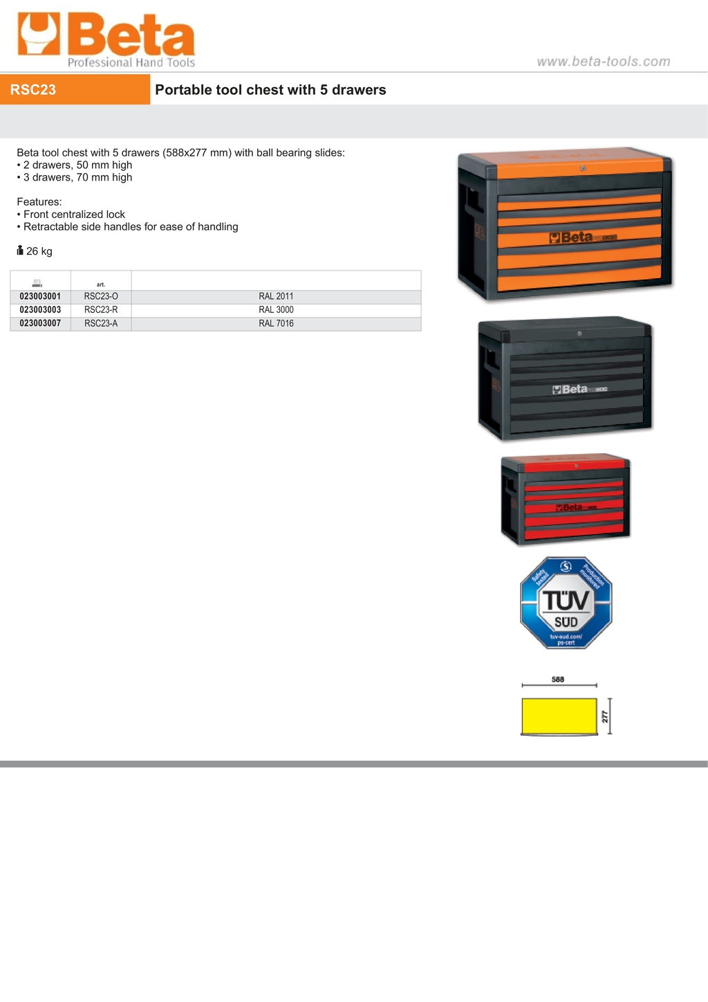Portable Tool Chest with 5 Drawers and Centralized Lock - Beta Tools RSC23-O